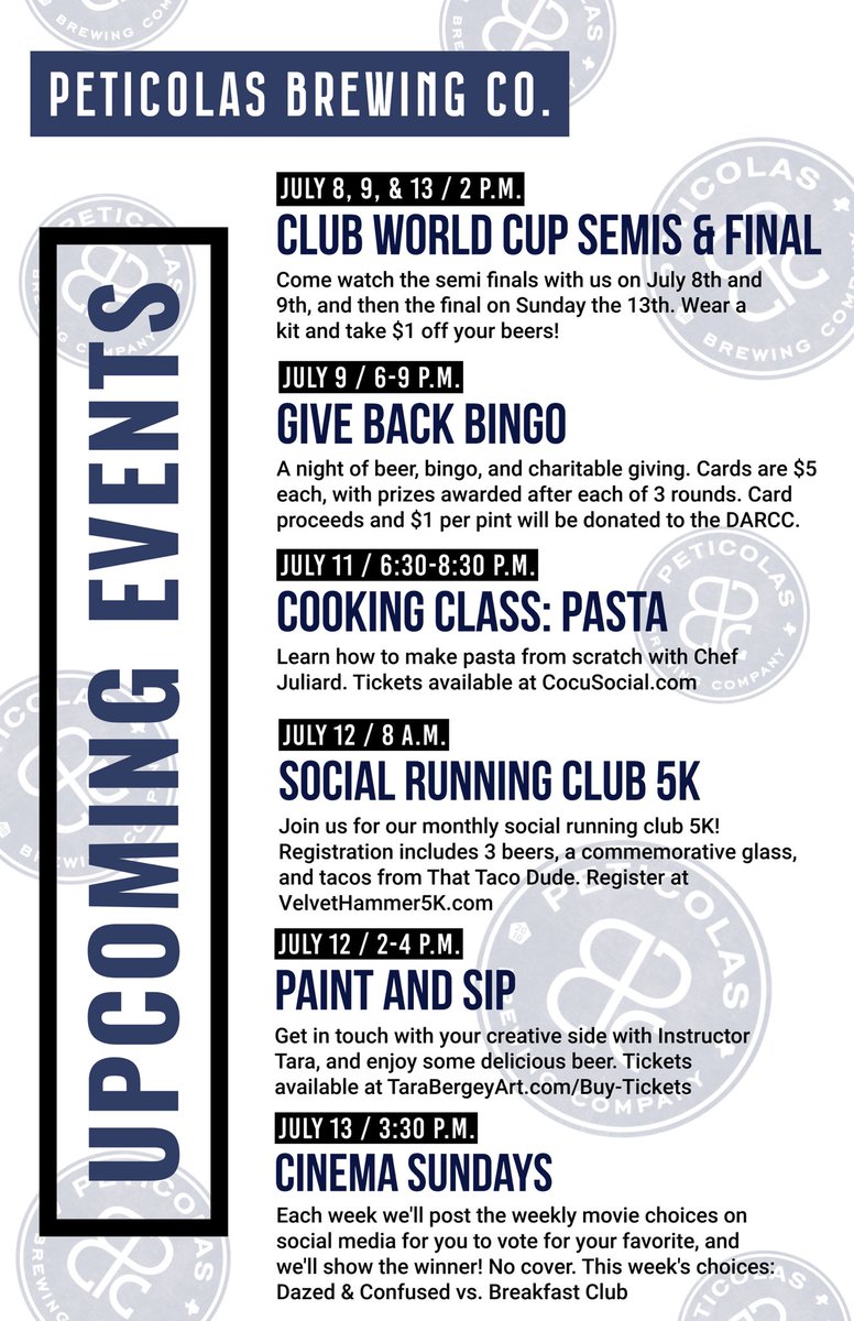 Closed today but a busy week:

Tuesday: Club World Cup semifinal (Chelsea v. Fluminese)

Wednesday: Give Back Bingo &amp; the Club World Cup semifinal (PSG v. Real Madrid)

Friday: Pasta making Cooking Class

Saturday: Social Run, a Lemonade stand and Painting class

Lots Sunday too