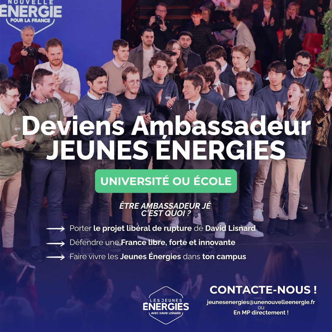 📢 Tu veux porter les idées de <a href="/davidlisnard/">David Lisnard</a> et de <a href="/Nouv_Energie/">Nouvelle Énergie</a> dans ton école ou sur ton campus à la rentrée prochaine ?

Deviens ambassadeur <a href="/JeunesEnergies/">Les Jeunes Énergies</a> et fais bouger les lignes ! 🇫🇷

📬 Intéressé(e) ? Écris-nous par mail ou en MP ! 🚀