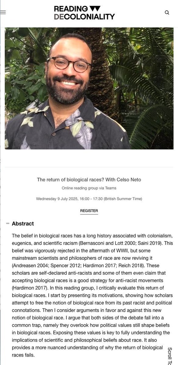 nadeendakkak's tweet image. Join us on 7 July at 16:00 BST for an online discussion with Dr Celso Neto (University of Exeter) on "The Return of Biological Races?" as part of the Reading Decoloniality reading group. You can register and access the readings here: readingdecoloniality.warwick.ac.uk/join/