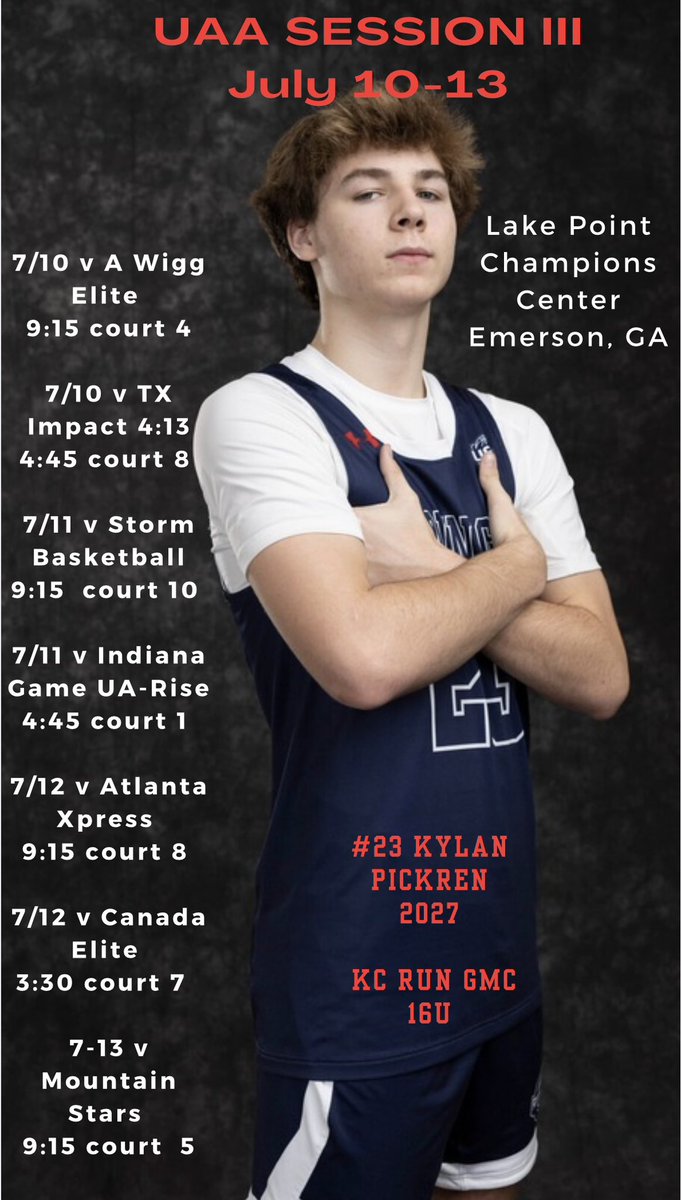 Kylan Pickren (@kylanpickren_33) on Twitter photo Coaches, here is my <a href="/KCRunGMC/">KC RUN GMC</a> 16U schedule for this week at Session 3 of <a href="/UAbasketball/">Under Armour Basketball</a> in Georgia. Come and check us out. Coaches, here is my <a href="/KCRunGMC/">KC RUN GMC</a> 16U schedule for this week at Session 3 of <a href="/UAbasketball/">Under Armour Basketball</a> in Georgia. Come and check us out.
