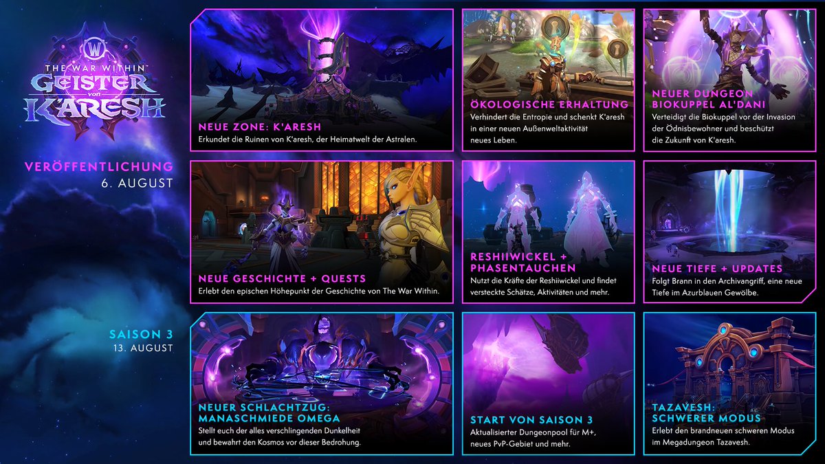 Warcraft_DE's tweet photo. Das nächste Kapitel von The War Within wird bald aufgeschlagen!

🔮 Veröffentlichung von Geister von K'aresh: 6. August
⚔️ Start von Saison 3: 13. August https://t.co/NlTLtNsxML