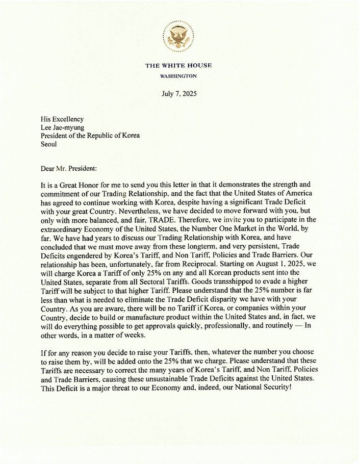US President Donald Trump announces 25% tariffs on Japan, South Korea.

Madness at its peak now.