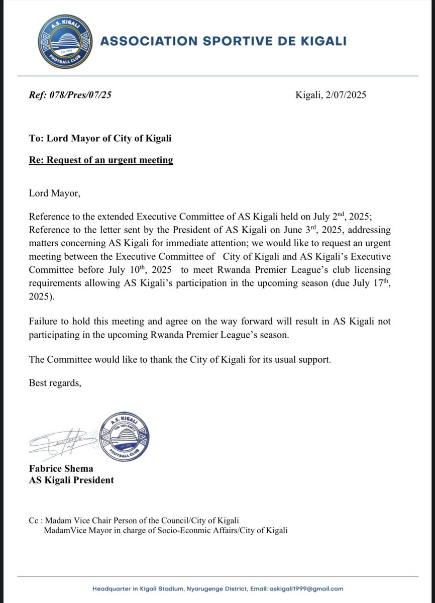 SamKarenzi's tweet image. B.N: #ASKigali committee notifies the @CityofKigali of not being able to participate in the upcoming 2025-2026 @FERWAFA competitions due to financial constraints! #ASKigali own 6 months salary for staff&Players for the last 2 seasons. Following..