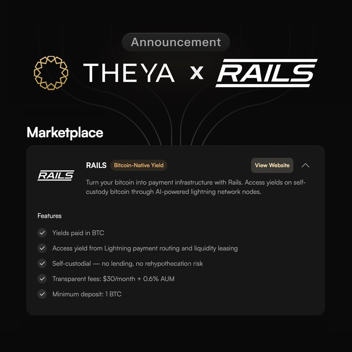 🚨 ANNOUNCEMENT 🚨

Rails by <a href="/ambosstech/">AMBOSS ⚡</a> is now live on the Theya Marketplace.

Turn your bitcoin into payment infrastructure with Rails.

Access yields on self-custody bitcoin through AI-powered lightning network nodes.

Visit Rails in the Marketplace at app.theya.us