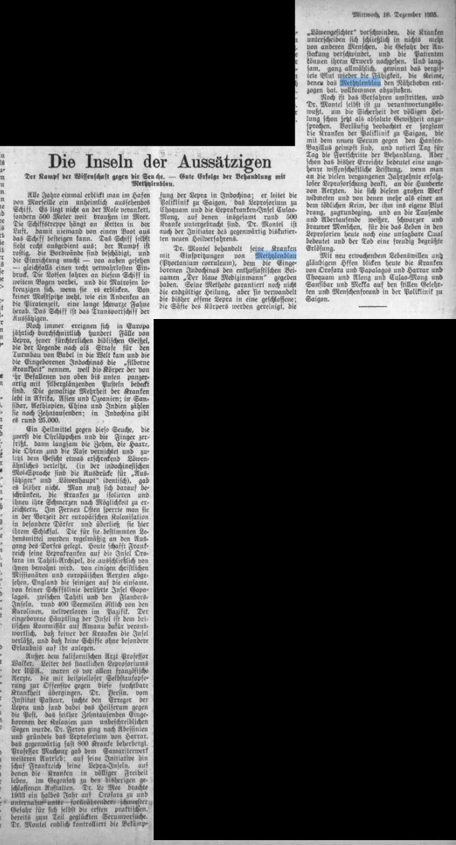 Methylenblau bei Lepra: Pilsner Tagblatt Nr. 292, 18. Dezember 1935, S. 3