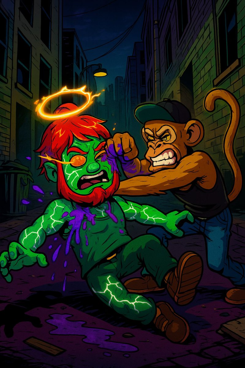 Lucky_Leps's tweet photo. 🚨Breaking News🚨
@uglyapesquad  has taken the fight from the emerald isles to the back alley this dark alley brawl is getting intense. The ugly ape just landed a brutal punch on the Emerald Trickster! The question is how much back up did he bring? #EmeraldTrickster #UglyApe

Send those apes or we may never see this guy again🥲⬇️

https://t.co/J75YM8ZBhB