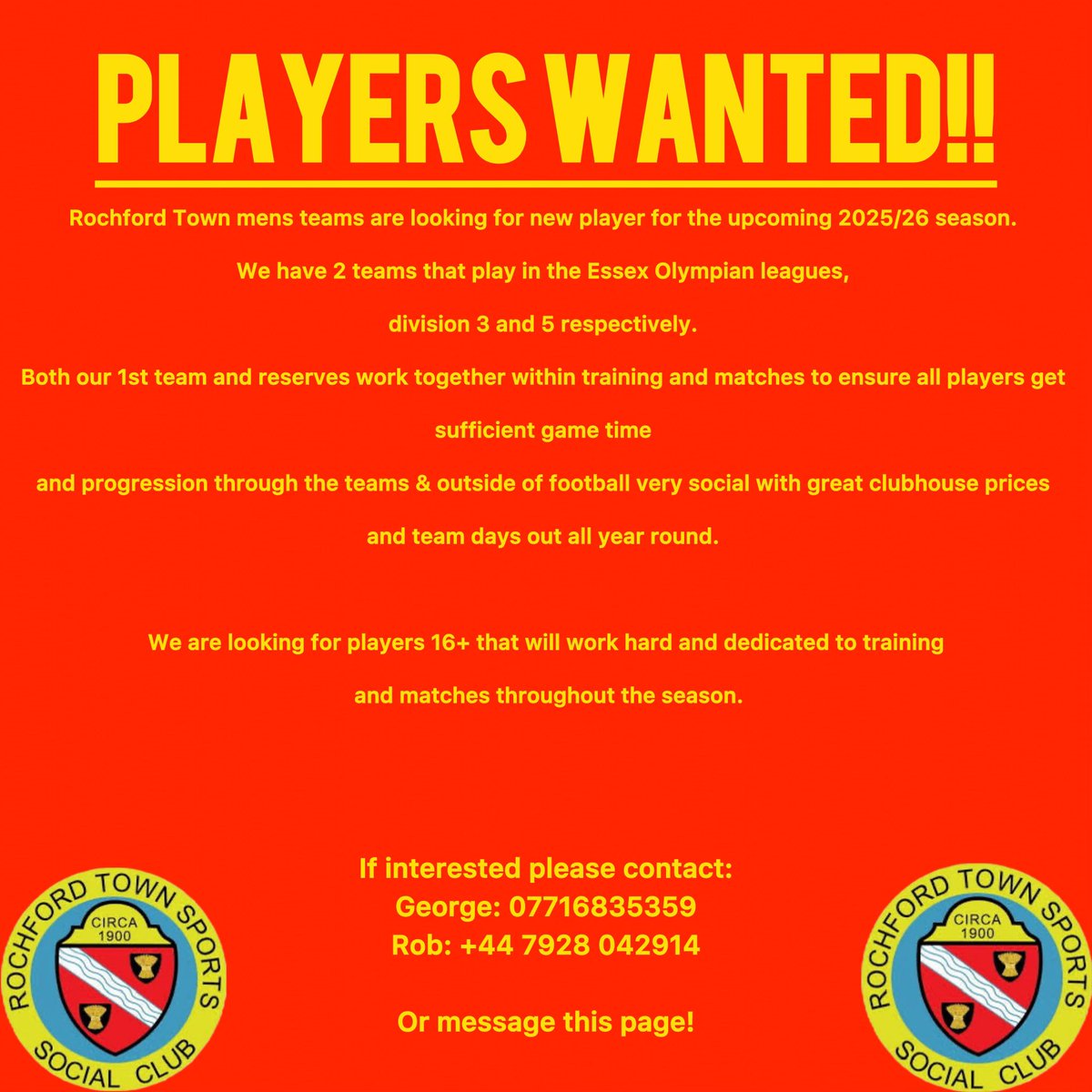 Rochford Town Saturdays (@rtfcsaturdays) on Twitter photo STILL LOOKING FOR A CLUB?
Both our teams are looking for players for the upcoming season, training takes place on both Tuesday and Thursday evenings. Please contact if interested!
<a href="/eofl/">eofl</a> <a href="/EssexCountyFA/">Essex County FA</a> <a href="/theplayerfinder/">PlayerFinder</a> <a href="/FreeAgentsFC/">Free Agent Showcase</a> <a href="/ScottMHC14/">Scott W</a> <a href="/RochfordTownFC/">RochfordTownSports</a> STILL LOOKING FOR A CLUB?
Both our teams are looking for players for the upcoming season, training takes place on both Tuesday and Thursday evenings. Please contact if interested!
<a href="/eofl/">eofl</a> <a href="/EssexCountyFA/">Essex County FA</a> <a href="/theplayerfinder/">PlayerFinder</a> <a href="/FreeAgentsFC/">Free Agent Showcase</a> <a href="/ScottMHC14/">Scott W</a> <a href="/RochfordTownFC/">RochfordTownSports</a>