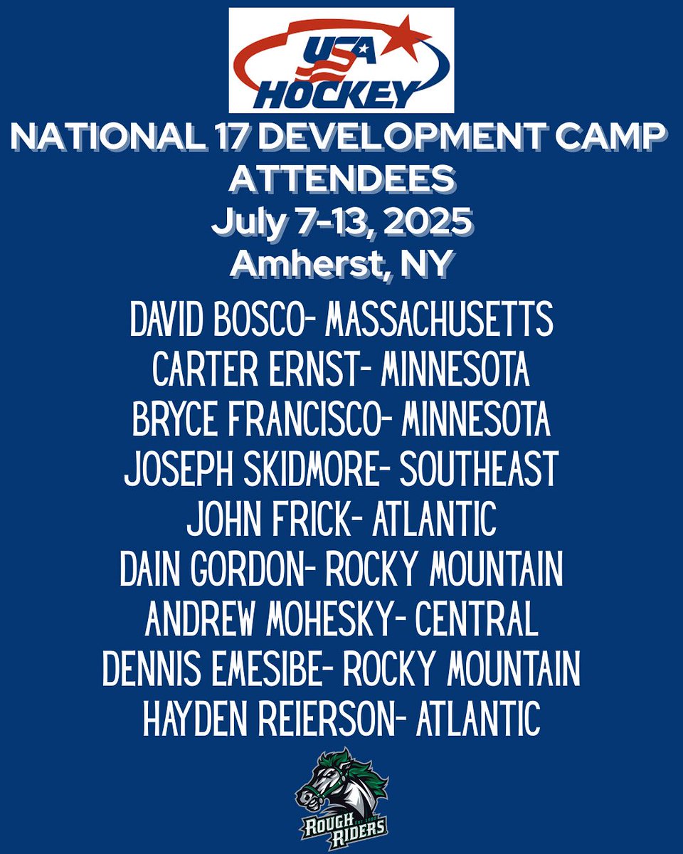 Congratulations to the RoughRiders who earned the opportunity to compete in the 2025 USA Hockey Boys Select 17 (2008) National Festival in Amherst, NY, July 7–13. Good luck to all participating!

#LetsRide