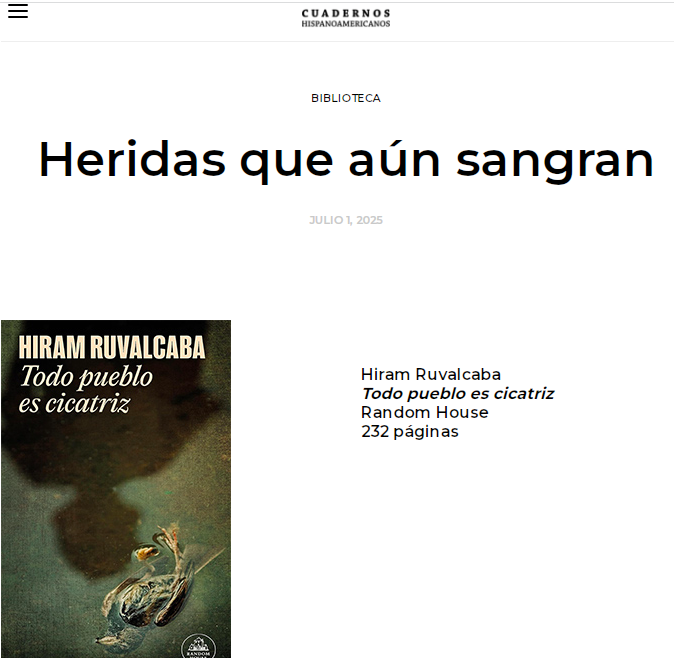 Todo pueblo es cicatriz, de <a href="/hiram_ruvalcaba/">Hiram Ruvalcaba</a>, en <a href="/Cuadernos_hisp/">Cuadernos Hispanoamericanos</a> 🙌
cuadernoshispanoamericanos.com/heridas-que-au…
<a href="/penguinlibros/">Penguin España 🐧📚</a> <a href="/randomhouse_es/">Random House ES</a> <a href="/penguinlibrosmx/">Penguin Libros México</a>