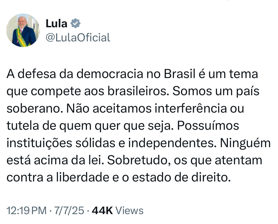 Concordo com o presidente Lula, mas gostaria que ele parasse para refletir sobre o que sentem cidadãos da Argentina e Peru quando ele defende líderes políticas desses países condenadas por corrupção, apoiando-as com solidariedade ou asilo no Brasil.