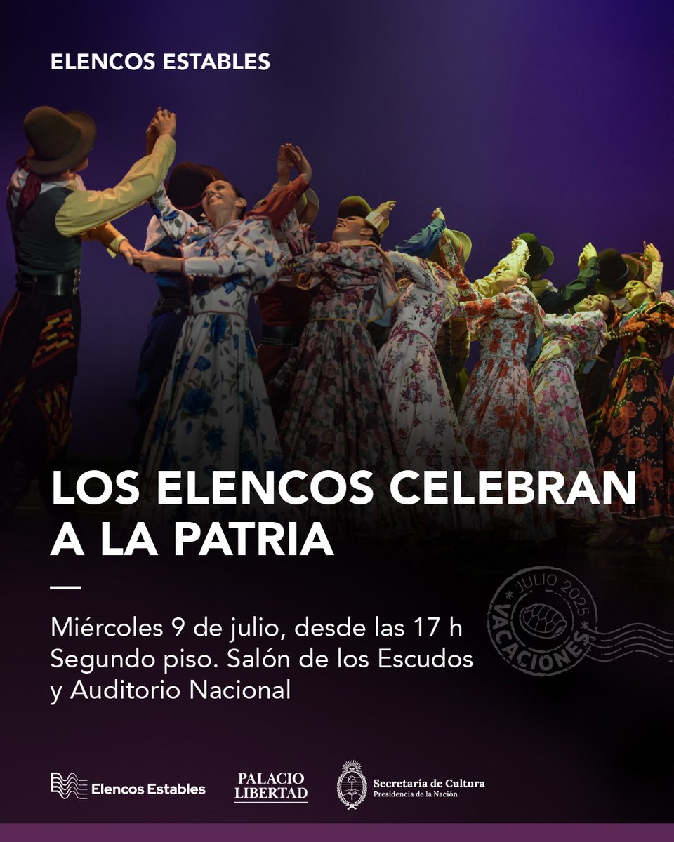 🇦🇷 Vamos a celebrar el cumpleaños 209° de la Patria junto a los coros, orquestas, ballets y escuelas de formación que integran los elencos estables de la Secretaría de Cultura la Nación. 

🕕 Miércoles 9 de julio, desde las 17 h. 
🎟️ Reservá tu entrada en palaciolibertad.gob.ar/events/los-ele…