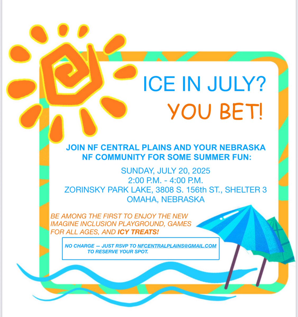 Neurofibromatosis Network (@nfnetwork) on Twitter photo Be among the first to enjoy the new imagine inclusion playground, games
for all ages. And icy treats!
No charge - just rsvp to nfcentralplains@gmail.com
#neurofibromatosis #omahanebraska #omaha Be among the first to enjoy the new imagine inclusion playground, games
for all ages. And icy treats!
No charge - just rsvp to nfcentralplains@gmail.com
#neurofibromatosis #omahanebraska #omaha