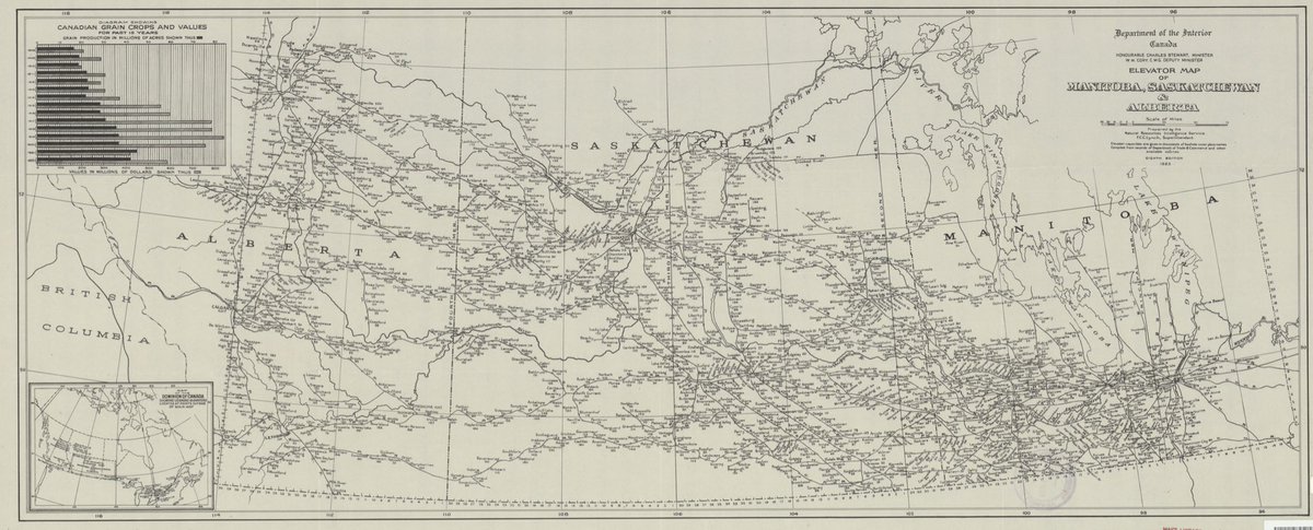 Got this awesome map of all the Canadian prairie elevators and their capacity (in thousands of bushels) from 1923. 
What’s crazy is the top left corner has the prices and acres of the previous 15 years and in 1919 wheat was $2.51/bushel, with inflation that would be $42.51/bushel