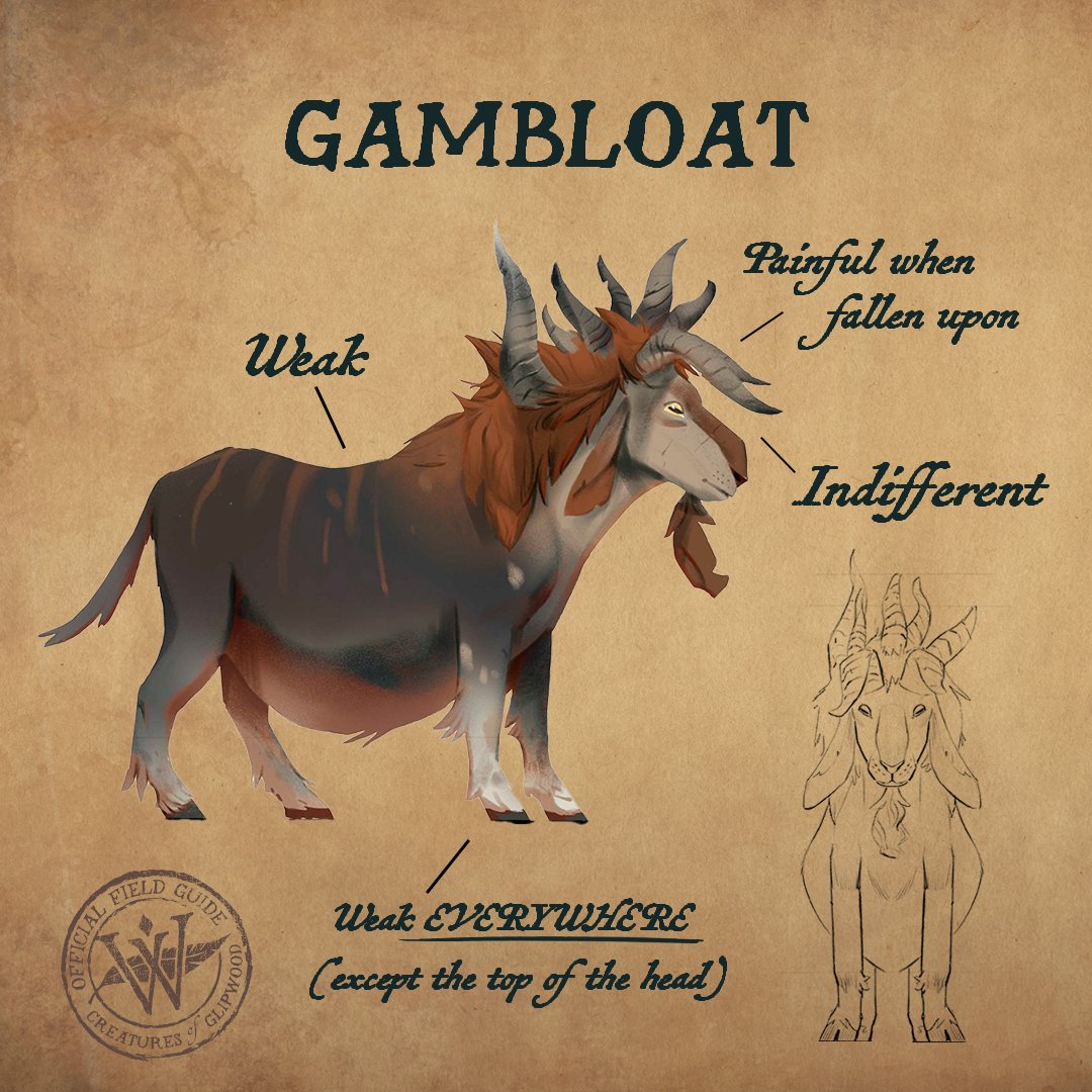 Imagine a king who wears the most beautiful, majestic crown upon his head every day, but is COMPLETELY useless otherwise. Such is the likeness of the mighty Gambloat. No thoughts. Head empty. Only horns. 

#TheWingfeatherSaga #Wingfeather #Creaturepedia #Gambloat