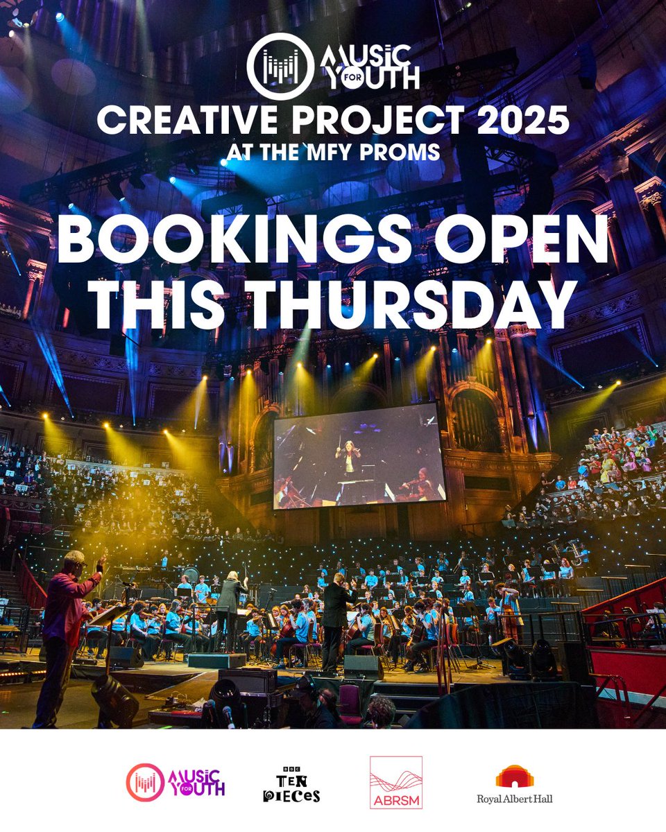 🎶 Be part of the #MFYProms2025 Creative Project! Join 3,000 young musicians in a bold new work by Aileen Sweeney &amp; Iona Lee, in a collaboration between MFY, <a href="/BBC/">BBC</a> Ten Pieces, <a href="/ABRSM/">ABRSM</a> &amp; <a href="/RoyalAlbertHall/">Royal Albert Hall</a> 
✨ Open to all levels (21 &amp; under)
🎟️ £5 per performer
Bookings open Thursday!