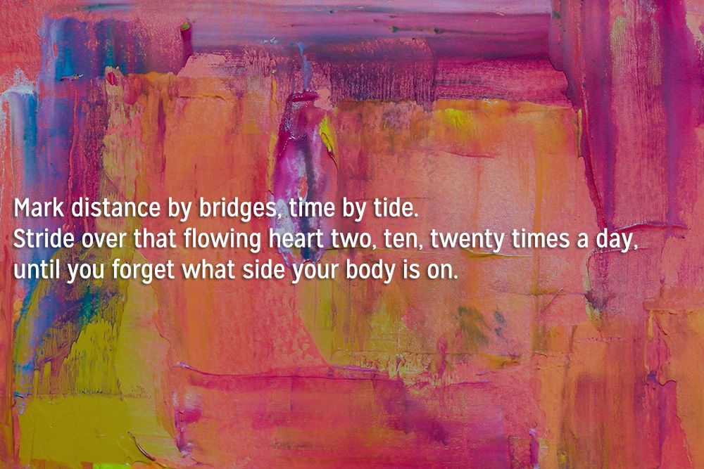 PalettePoetry's tweet image. today's #poem is "Charms Against Dysphoria I & II" by Kit Dwyer
"Mark distance by bridges, time by tide. / Stride over that flowing heart two, ten, twenty times a day, / until you forget what side your body is on."
buff.ly/jRKwLAm