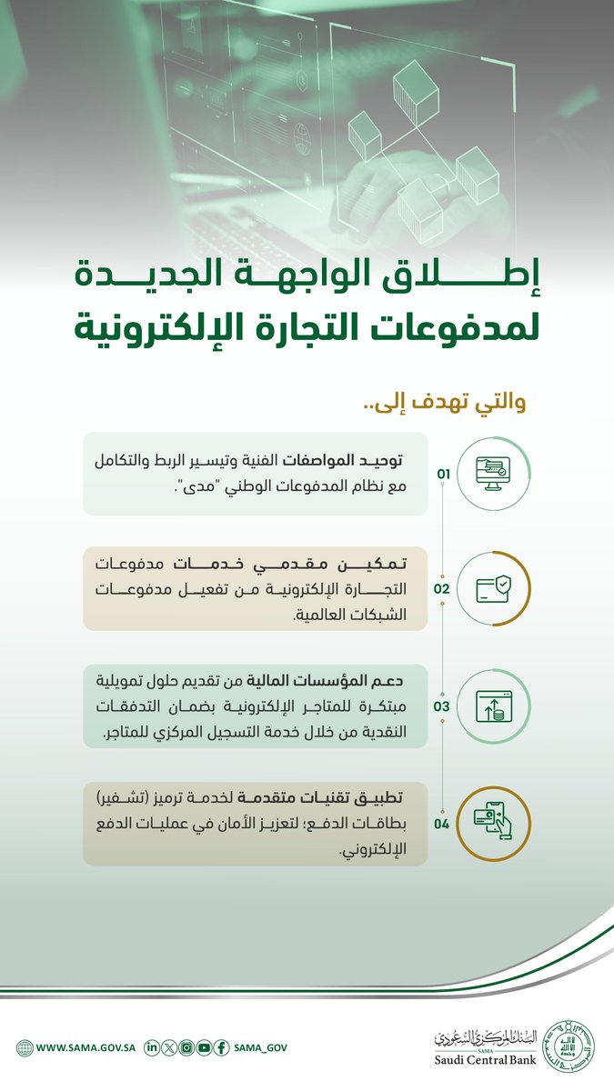 لمواكبة النمو المتسارع في قطاع التجارة الإلكترونية في #المملكة..
#البنك_المركزي_السعودي "ساما" يعلن إطلاق الواجهة الجديدة لمدفوعات التجارة الإلكترونية؛ بهدف تمكين مقدمي الخدمات من الاعتماد على البنية التحتية والقدرات التقنية الوطنية من خلال مواصفات موحدة وميسرة للربط والتكامل مع