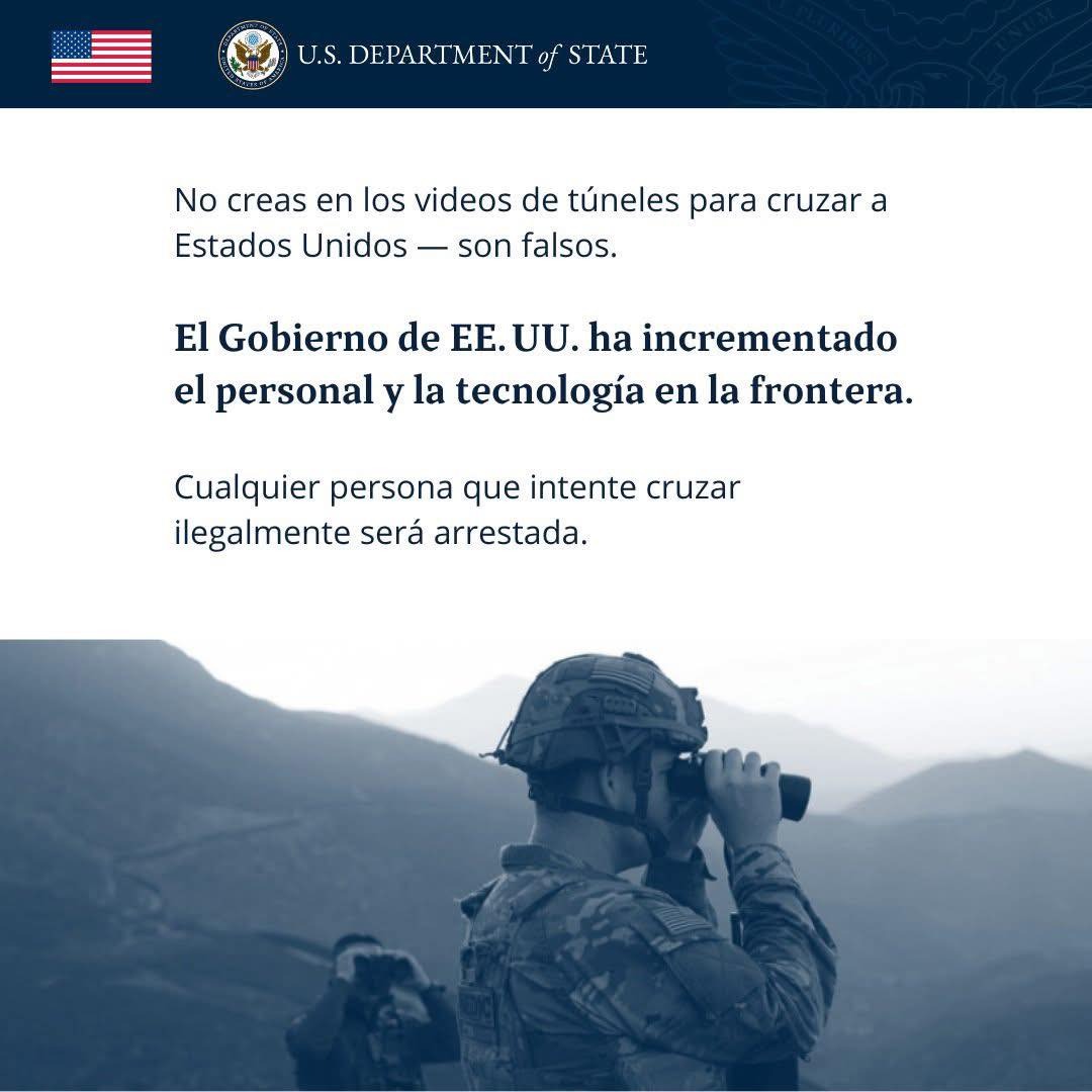 Circulan videos en redes sociales de supuestos túneles hacia los EE.UU. Son videos falsos creados por coyotes que sólo quieren robar tu dinero, sin importar si sobrevives. Los EE.UU. ha desplegado tecnología de vigilancia avanzada para detener a quienes intenten cruzar
