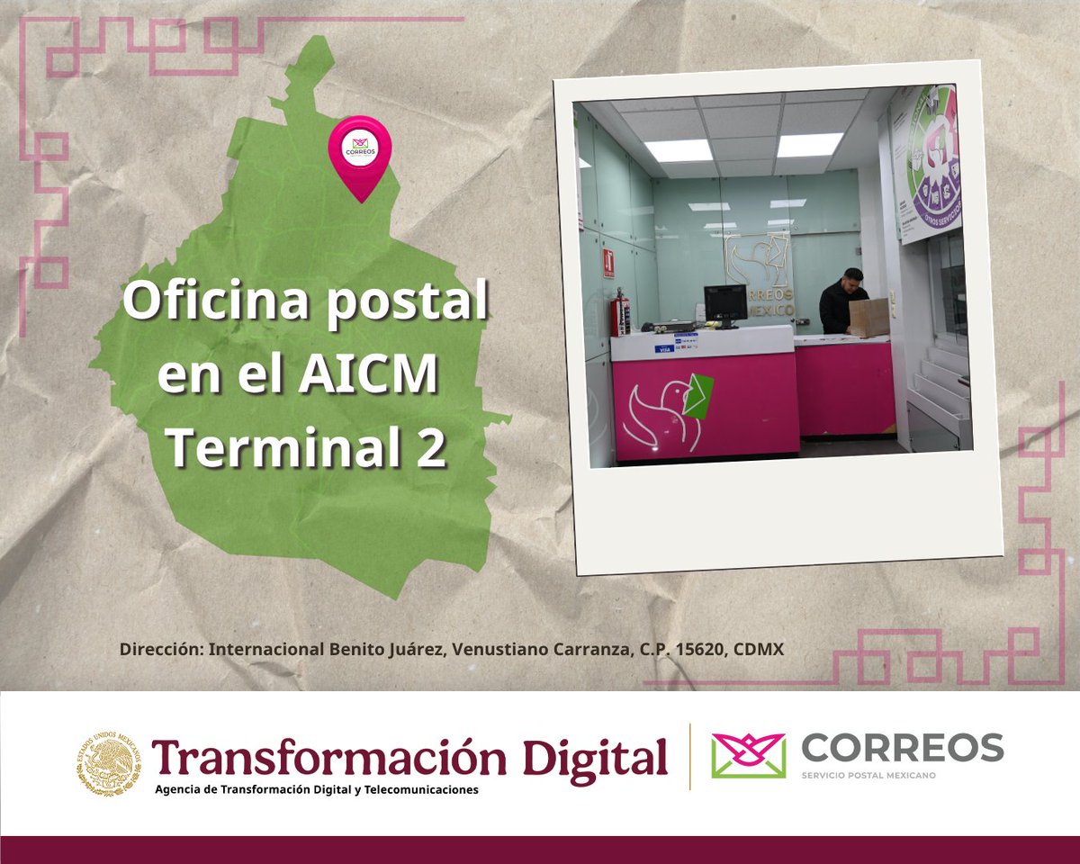 CorreosdeMexico's tweet image. 🚨 ¡Atención viajeros! Si estás en el Aeropuerto Internacional de la Ciudad de México, nuestra oficina postal en Terminal 2 está lista para ayudarte.  ✈️💌

📍 Internacional Benito Juárez, Venustiano Carranza, C.P. 15620, CDMX

#AICM #CorreosDeMéxico #EnvíosRápidos