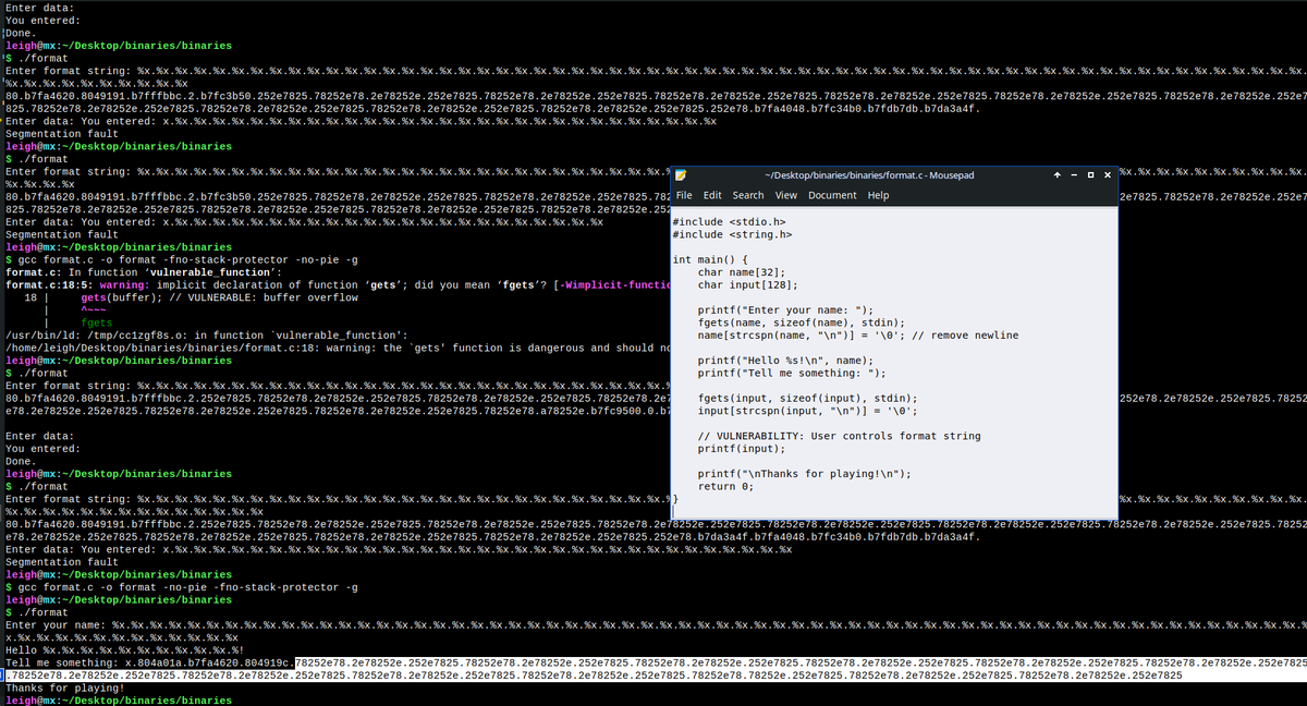 LeighGi66657535's tweet image. Little bit of format string vulnerabilities on today's menu! Put together a class to show leaking the stack and writing to arbitrary memory today. 🥰Only one more class on Return oriented programming to put together, and then I Just need to add slides and info and my DEFCON…