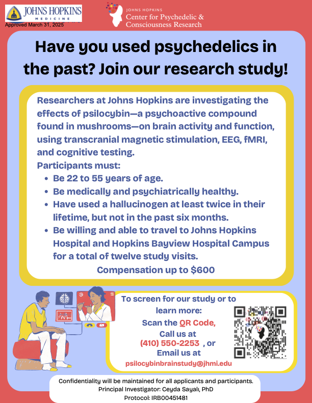 JHPsychedelics's tweet image. ‼️NEW STUDY FOR HEALTHY VOLUNTEERS‼️
Join our study at Johns Hopkins exploring how psilocybin—a naturally occurring compound in mushrooms—affects brain activity and function.
Our study uses safe, noninvasive methods like EEG, fMRI, transcranial magnetic stimulation (TMS), and…