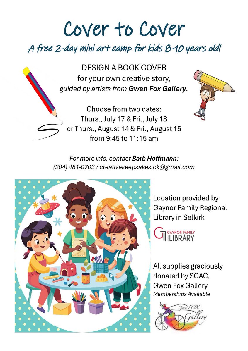 Only a few spots left for this fun 2-day mini Art Camp. Learn how to design your own BOOK COVER! Contact Barb at creativekeepsakes.ck@gmail.com for more info or to confirm your spot.
