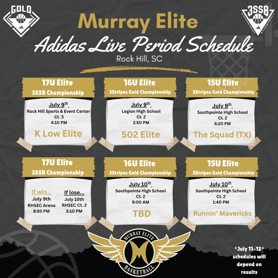 The Murray Elite teams are excited to get back on the court and head to Rock Hill, SC for the Adidas 3SSB and 3Stripes Gold Championships this week! 

🏀Here is our upcoming schedule for the week🏀

#MurrayElite #RoadtoRockHill #LivePeriod