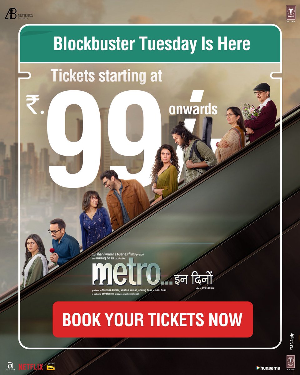 T-Series (@tseries) on Twitter photo Your midweek movie plan just got better. 💗
Tickets starting ₹99/- this Tuesday!
Book your tickets now: linktr.ee/BookYourTicket…
Catch your own story in cinemas now!
#MetroInDino
#AdityaRoyKapur <a href="/SaraAliKhan/">Sara Ali Khan</a> <a href="/AnupamPKher/">Anupam Kher</a> <a href="/Neenagupta001/">Neena Gupta</a> <a href="/TripathiiPankaj/">पंकज त्रिपाठी</a> <a href="/konkonas/">Konkona Sensharma</a> <a href="/alifazal9/">Ali Fazal M / میر علی فضل / अली</a> Your midweek movie plan just got better. 💗
Tickets starting ₹99/- this Tuesday!
Book your tickets now: linktr.ee/BookYourTicket…
Catch your own story in cinemas now!
#MetroInDino
#AdityaRoyKapur <a href="/SaraAliKhan/">Sara Ali Khan</a> <a href="/AnupamPKher/">Anupam Kher</a> <a href="/Neenagupta001/">Neena Gupta</a> <a href="/TripathiiPankaj/">पंकज त्रिपाठी</a> <a href="/konkonas/">Konkona Sensharma</a> <a href="/alifazal9/">Ali Fazal M / میر علی فضل / अली</a>