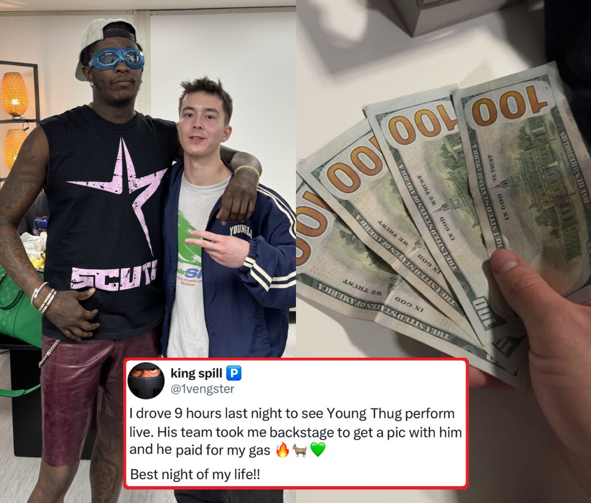 mymixtapez's tweet photo. Young Thug invited a fan backstage and paid for his gas after learning he had driven 9 hours to his show in Europe 👏🏽💯 https://t.co/RPAZYP2Hsw