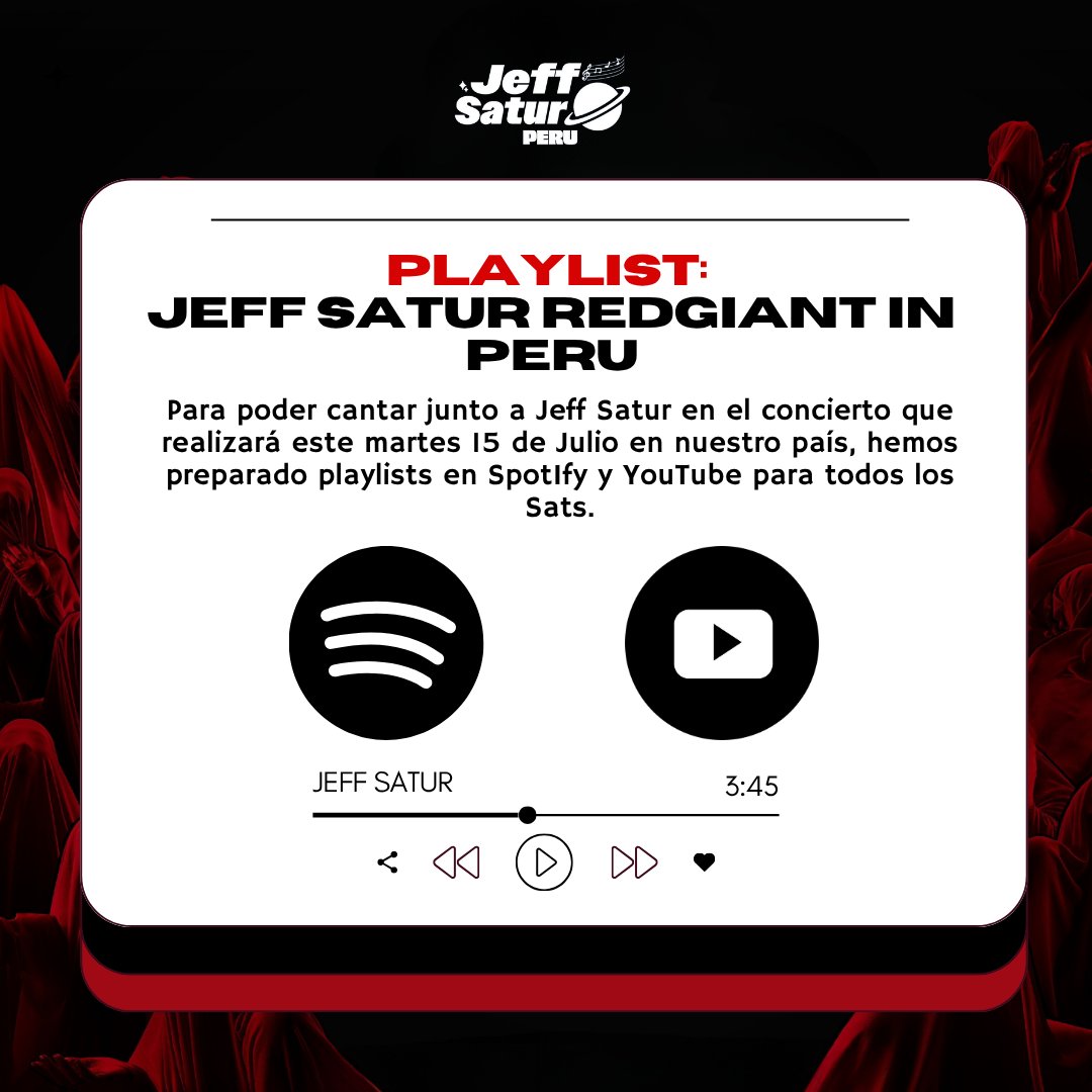 jeffsaturperu's tweet image. [ 𝐑𝐄𝐃𝐆𝐈𝐀𝐍𝐓 𝐈𝐍 𝐏𝐄𝐑𝐔: 𝐏𝐋𝐀𝐘𝐋𝐈𝐒𝐓 𝐃𝐄𝐋 𝐂𝐎𝐍𝐂𝐈𝐄𝐑𝐓𝐎 ]

¡Hola Satss! A pocos días del concierto, les dejamos aquí las playlist de Spotify y Youtube para que puedan prepararse para el gran día 🪐❤️

#JeffSatur #RedGiant #RedGiantTour #RedGiantInPeru