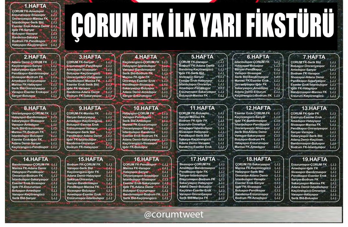 Arca Çorum FK fikstürü 
#BizÇorumuz #çorumfk #çorum #çorumspor