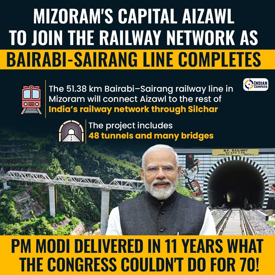 SK Chakraborty (@sanjoychakra) on Twitter photo <a href="/MeghUpdates/">Megh Updates 🚨™</a> In a historic breakthrough for connectivity in the Northeast, Aizawl - the capital of Mizoram - has finally been plugged into India’s railway grid.
After 7 decades of isolation from the national rail network, the 51.38 km Bairabi–Sairang New Line Railway Project has been <a href="/MeghUpdates/">Megh Updates 🚨™</a> In a historic breakthrough for connectivity in the Northeast, Aizawl - the capital of Mizoram - has finally been plugged into India’s railway grid.
After 7 decades of isolation from the national rail network, the 51.38 km Bairabi–Sairang New Line Railway Project has been