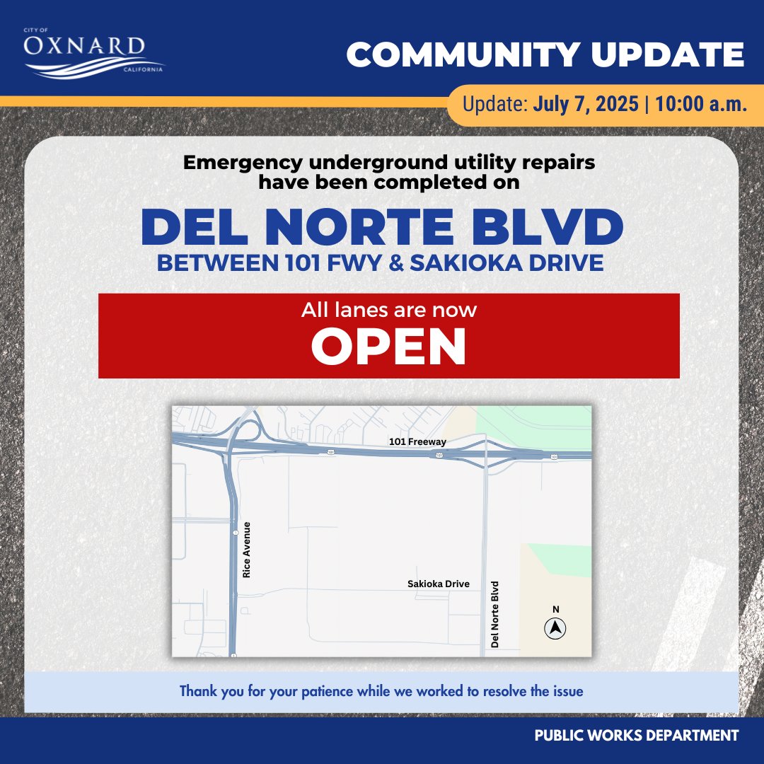 ***UPDATE: July 7, 2025 | 10:00 a.m.***
All lanes on Del Norte Blvd are now open.

***ACTUALIZACIÓN: 7 de julio de 2025 | 10:00 a. m.***
Todos los carriles de Del Norte Blvd. están abiertos.

_________