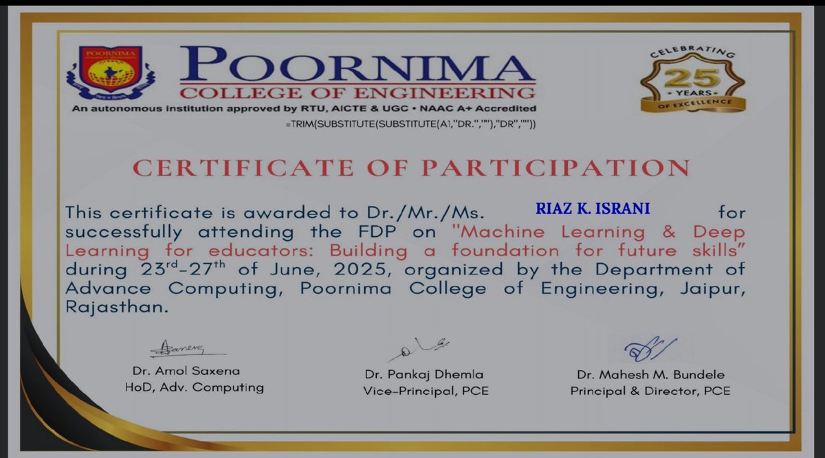 RiazIsrani's tweet photo. "Added another milestone by completing an FDP on Machine Learning and Deep Learning designed for educators." https://t.co/lynUpmD9gd