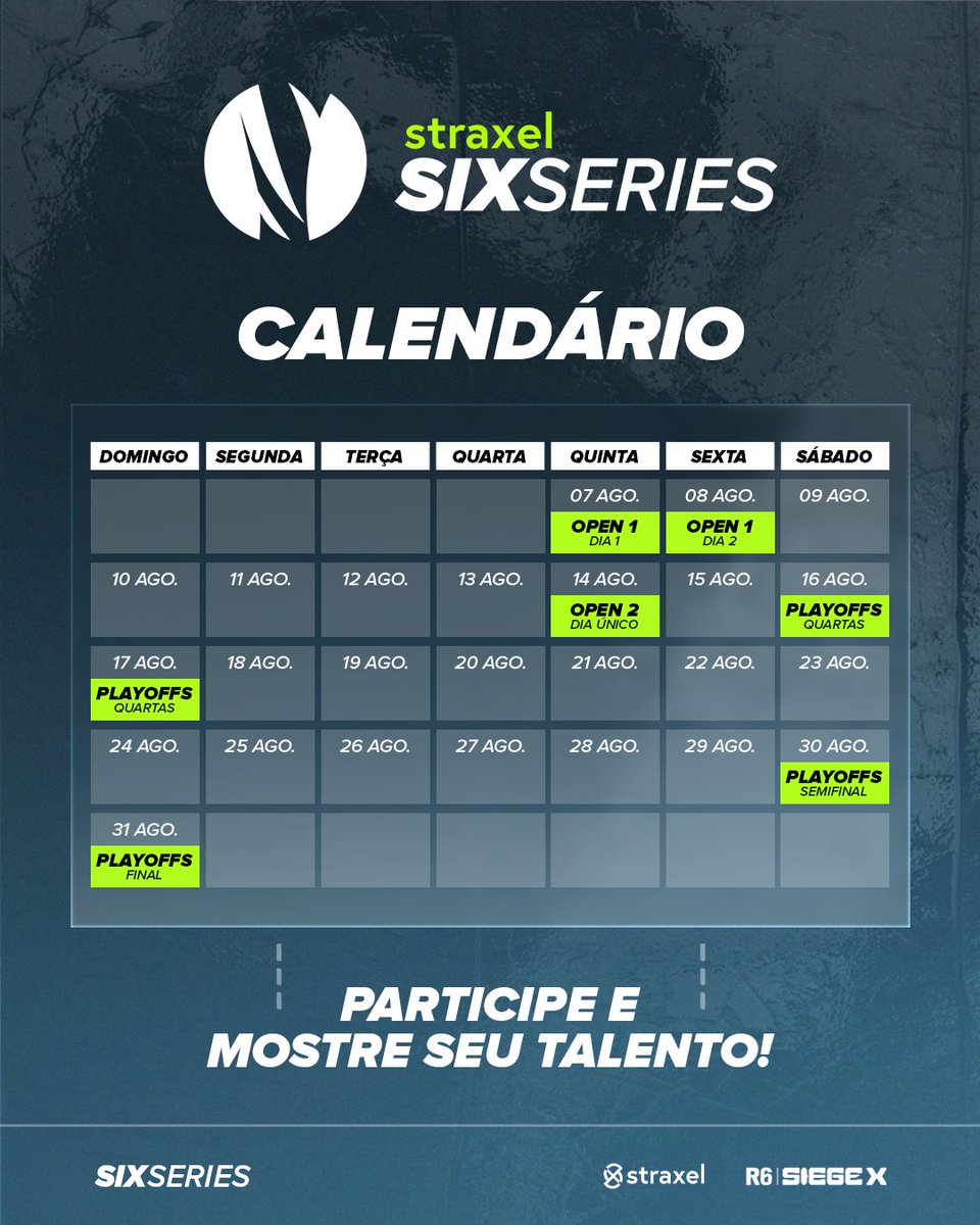 Marque na sua agenda e prepare seu squad! 🗓️

O CALENDÁRIO da Straxel Six Series está definido e a emoção começa em AGOSTO!

Não perca tempo! Inscreva-se agora e mostre seu talento:

🔗Q1: BIT.LY/SIXSERIESQ1
🔗Q2: BIT.LY/SIXSERIESQ2