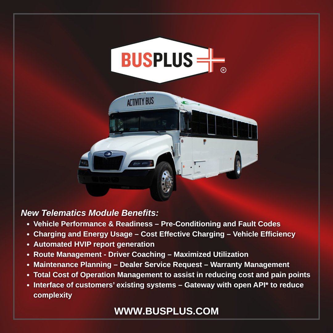🚐 The next EVolution in Blue Bird’s alt-powered lineup is here!

Introducing Blue Bird's new customer-facing telematics system built to boost uptime, optimize performance &amp; turn real-world data into smart insights.

See the benefits 👇

#bluebird #ev #telematics #busplus