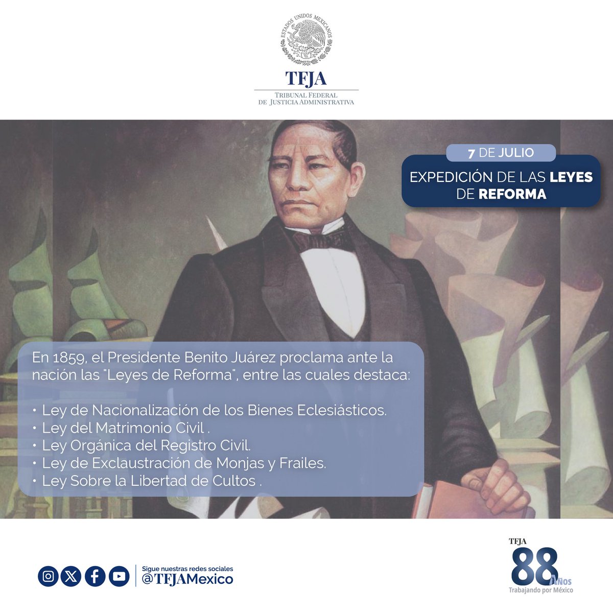 TFJAMexico's tweet photo. #Efeméride  l Expedición de las #LeyesDeReforma
En 1859, el Presidente Benito Juárez proclama ante la nación las "Leyes de Reforma", entre las cuales destaca: 
Nacionalización de los Bienes Eclesiásticos, Matrimonio Civil y Registro Civil. https://t.co/f9QNTz4Aoh