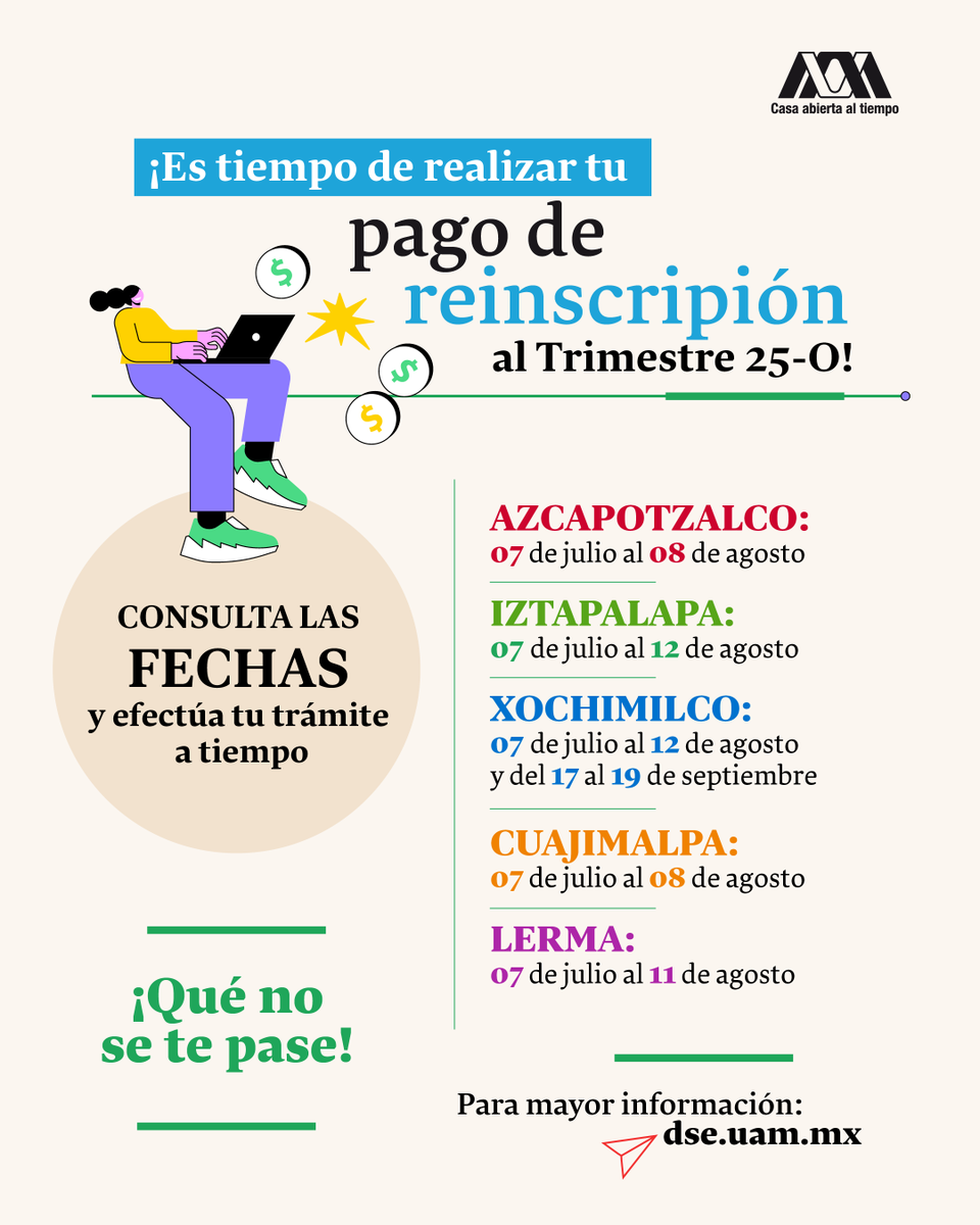 ¡Pantera, efectúa tu pago de reinscripción para el Trimestre 25-O! Conoce las modalidades de pago: Línea de captura, pago en línea y mediante CoDi
.
📣 Detalles en: dse.uam.mx
.
#UAM50 #SoyUAM #UAMResponsable #CasaAbiertaAlTiempo