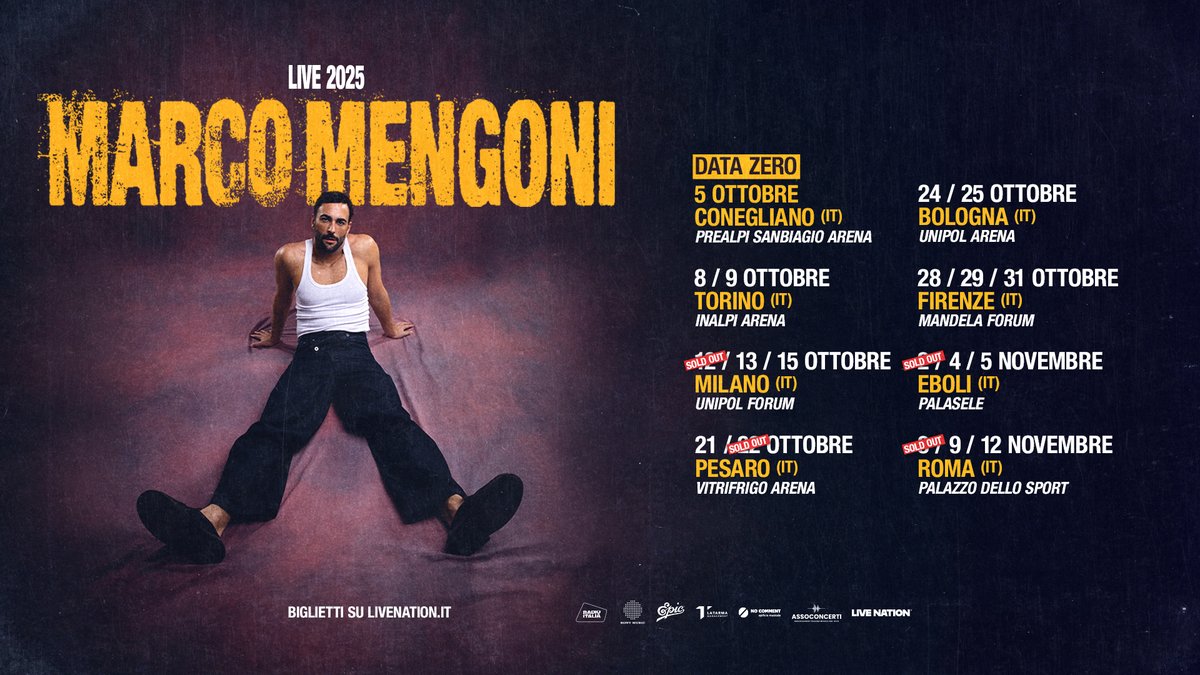 Mentre #MarcoMengoni conquista uno stadio dopo l'altro, il tour nei palasport registra nuovi sold out nelle prime date di Milano, Eboli e Roma!

Si aggiunge anche la data zero:
5 ottobre 2025 - Conegliano (TV), Prealpi SanBiagio Arena

🎟️livenation.it