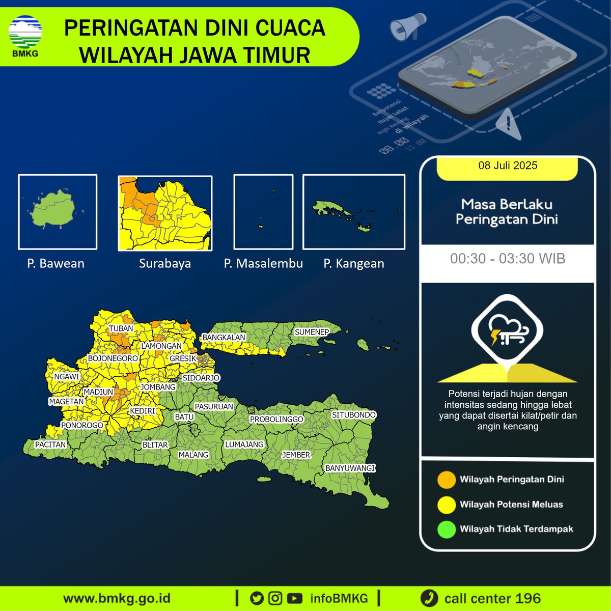 infoBMKG's tweet photo. Update Peringatan Dini Cuaca Wilayah - Jawa Timur Tgl. 08 Juli 2025 pkl. 00:30 WIB
Prakirawan - BMKG - Jawa Timur
https://t.co/yZjChYnx4C https://t.co/g9sLLOTljc