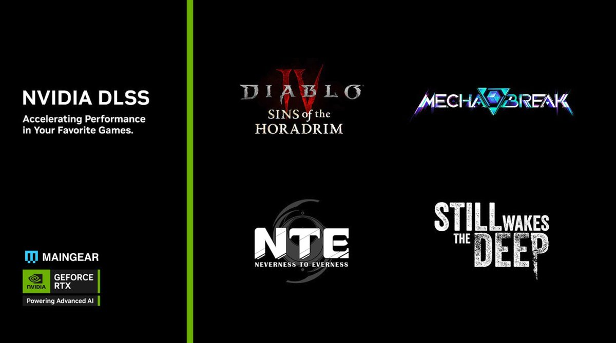 maingear's tweet image. DLSS 4 with Multi Frame Generation is multiplying frame rates in more games this week on MAINGEAR systems!
🟢Diablo IV Sins of the Horadrim
🟢Mecha BREAK
🟢NTE (Closed Beta)
🟢Still Wakes the Deep
Learn more: nvidia.com/en-us/geforce/…