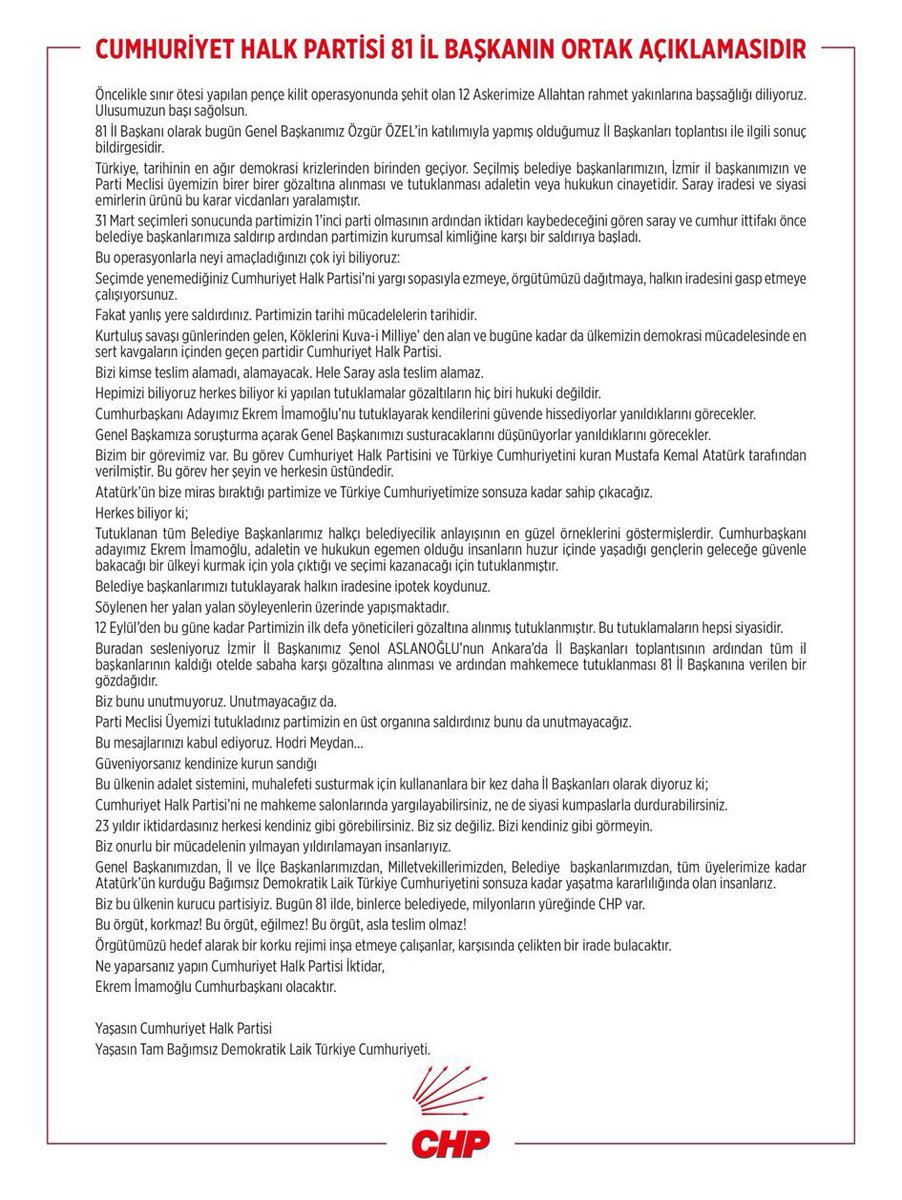 Cumhuriyet Halk Partisi 81 İl Başkanımızın ortak açıklamasıdır.