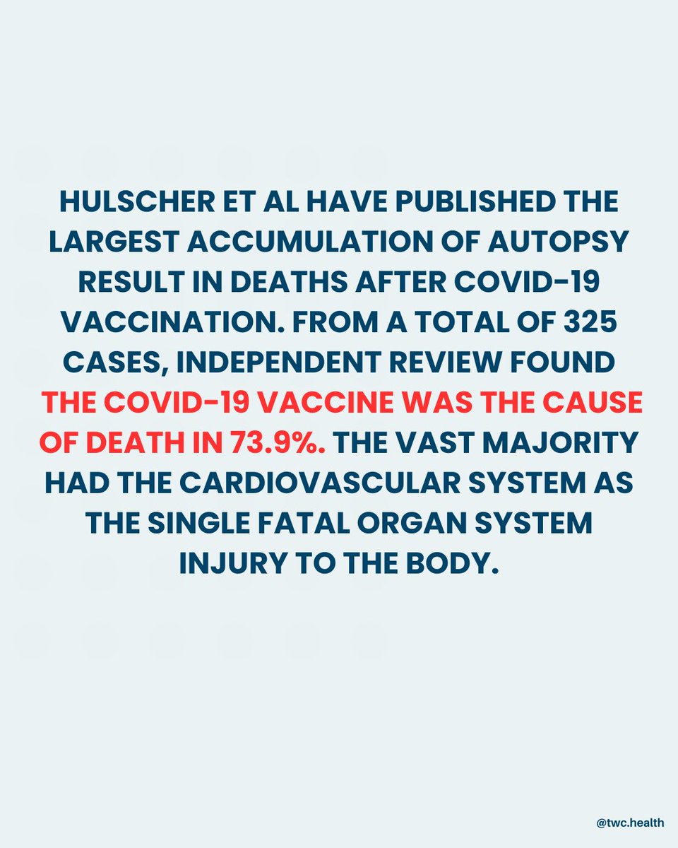 twc_health's tweet image. COVID-19 Vaccine is the Culprit in Majority Found Dead after Injection
Hulscher et al have published the largest accumulation of autopsy result in deaths after COVID-19 vaccination. From a total of 325 cases, independent review found the COVID-19 vaccine was the cause of death…
