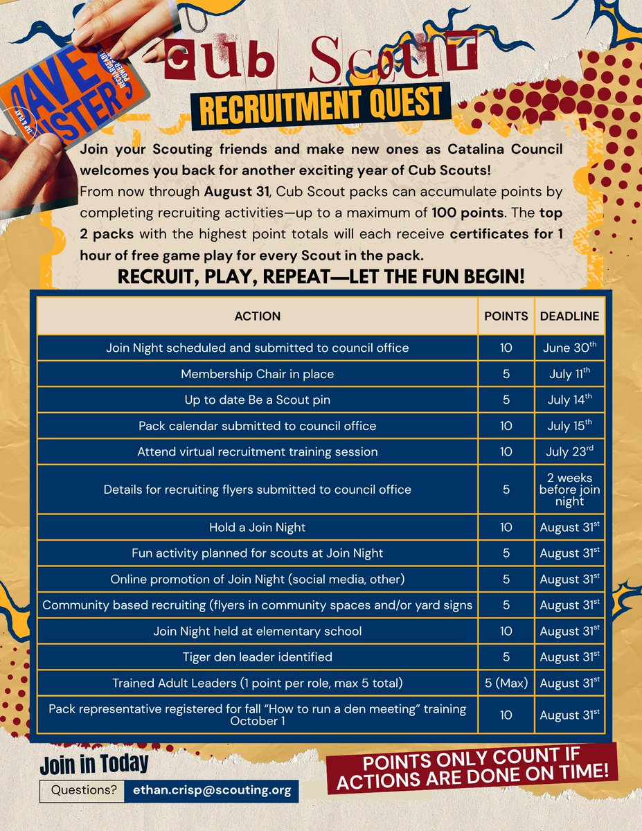 🚨 Recruitment Quest Deadlines!
📌 July 11 – Membership Chair (5 pts)
📌 July 14 – BeAScout Pin (5 pts)
📌 July 15 – Pack Calendar (10 pts)
📌 July 23 – Virtual Training (10 pts)
🎯 Stay on track to win 1 hr of free play <a href="/DaveandBusters/">Dave & Buster's</a>!
#ScoutingAmerica #CubScoutQuest