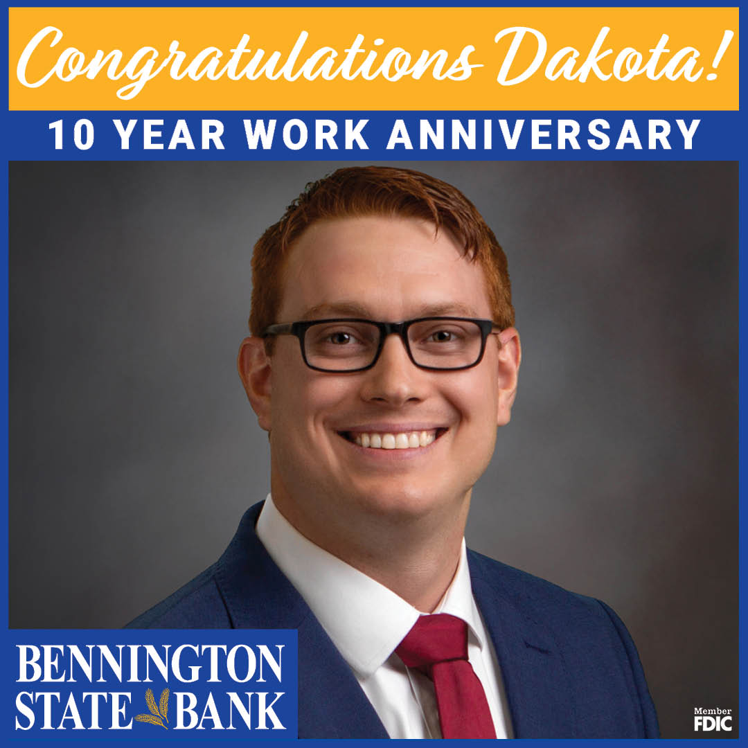 Congratulations Dakota on 10 years at Bennington State Bank! Your dedication and hard work are inspiring, and your commitment to our customers and community is truly appreciated. Keep up the great work!