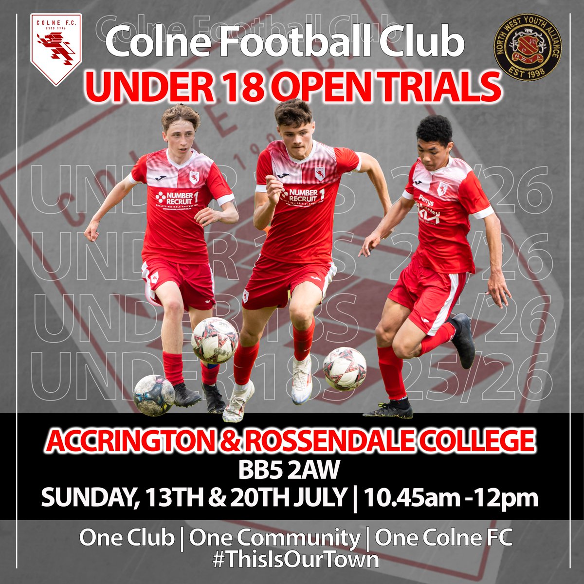 Colne_FC's tweet image. 🚨 U18 Open Trials 🚨

Show your talent + earn a spot in the North West Youth Alliance League – with a pathway to semi-pro football!

📍 Accrington &amp;amp; Rossendale College
🗓️ Sun 13th &amp;amp; 20th July | ⏰ 10:45AM–12PM

📞 Mark: 07810 245182
📧 mark.carrington11882@yahoo.com
#OpenTrials
