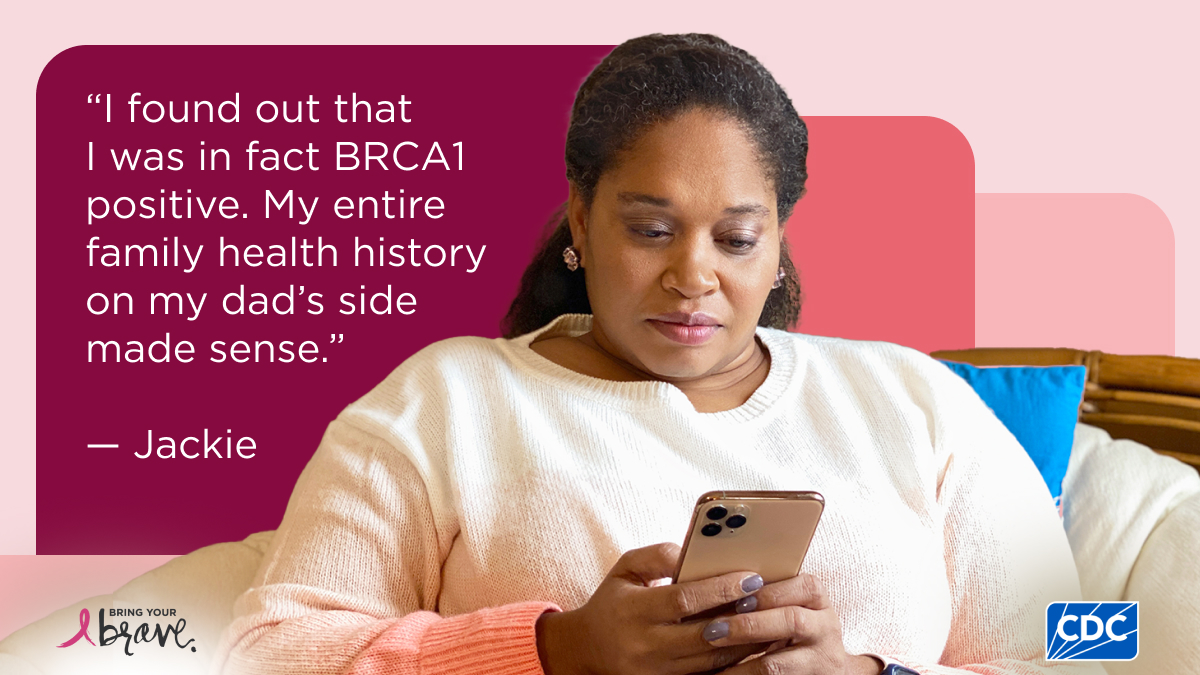 CDC_Cancer's tweet image. Jackie knew her family health history put her at a higher risk for being diagnosed with #BreastCancer. That’s why she got genetic counseling and testing – to take control of her health. Learn more about Jackie’s story: bit.ly/3GCvjiC