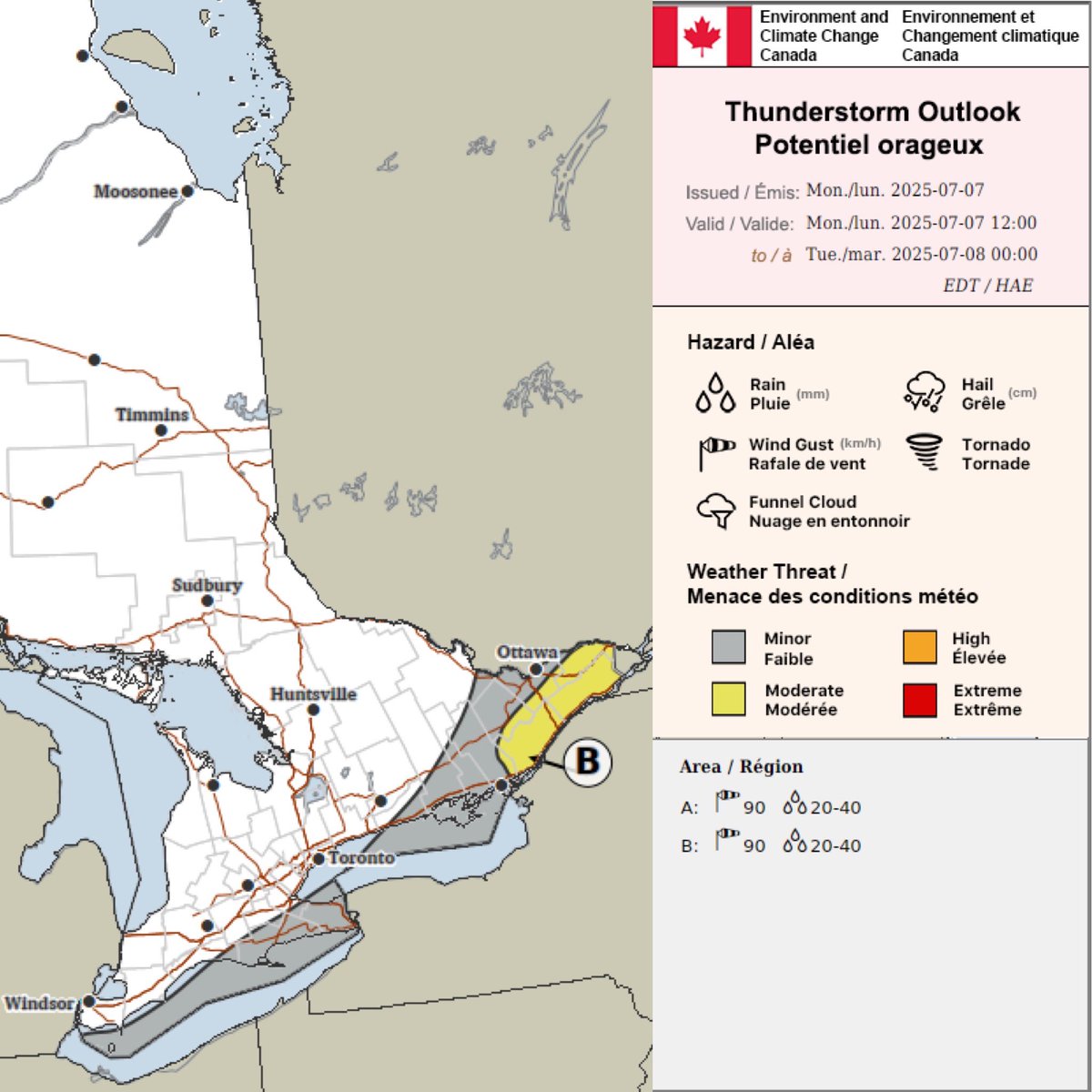 #onstorm Environment Canada is forecasting the risk for severe thunderstorms today (Mon, July 7, 2025) with 90km/h wind gusts &amp; 20-40mm of rain in the yellow “B” zone. This could include  #Cornwall &amp; parts of eastern Ontario. The “A” zone in the legend is referring to areas west