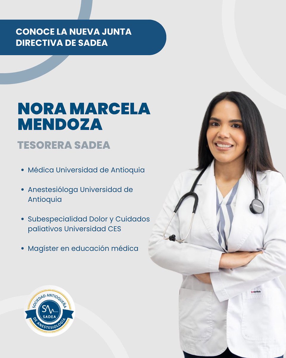 👩‍⚕️✨ Te presentamos a Nora Marcela Mendoza, nueva Tesorera de SADEA.
Médica, anestesióloga y especialista en dolor y cuidados paliativos, con una sólida formación académica y una visión clara de servicio.
👏 Su experiencia y compromiso fortalecen el camino de nuestra sociedad.