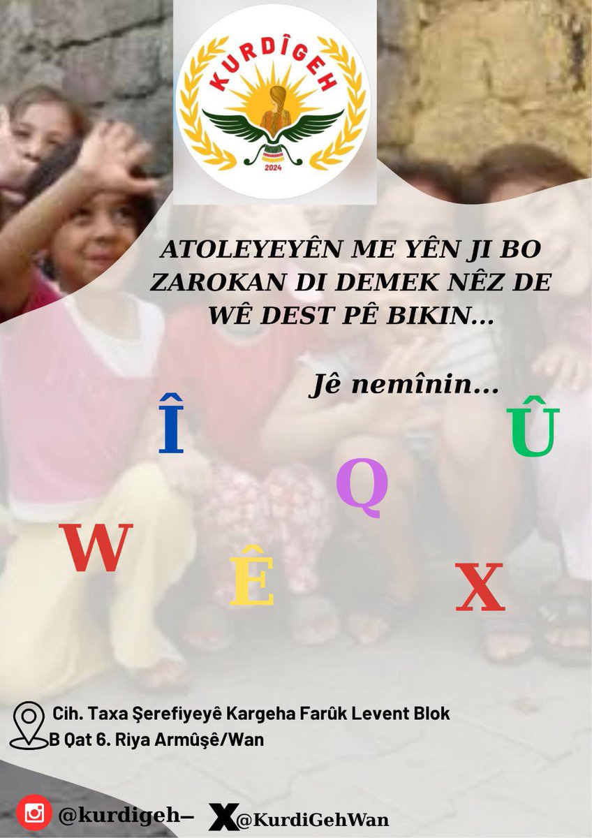 Atolyeyên Kurdîgehê yên ji bo zarokan di demek nêz de wê dest pê bike. Qeyd li Kurdîgehê, rû bi rû tê çêkirin. 

Zarok paşeroj in. Ji bo ku paşerojê zarokên bişînin atolyeyên Kurdîgehê!